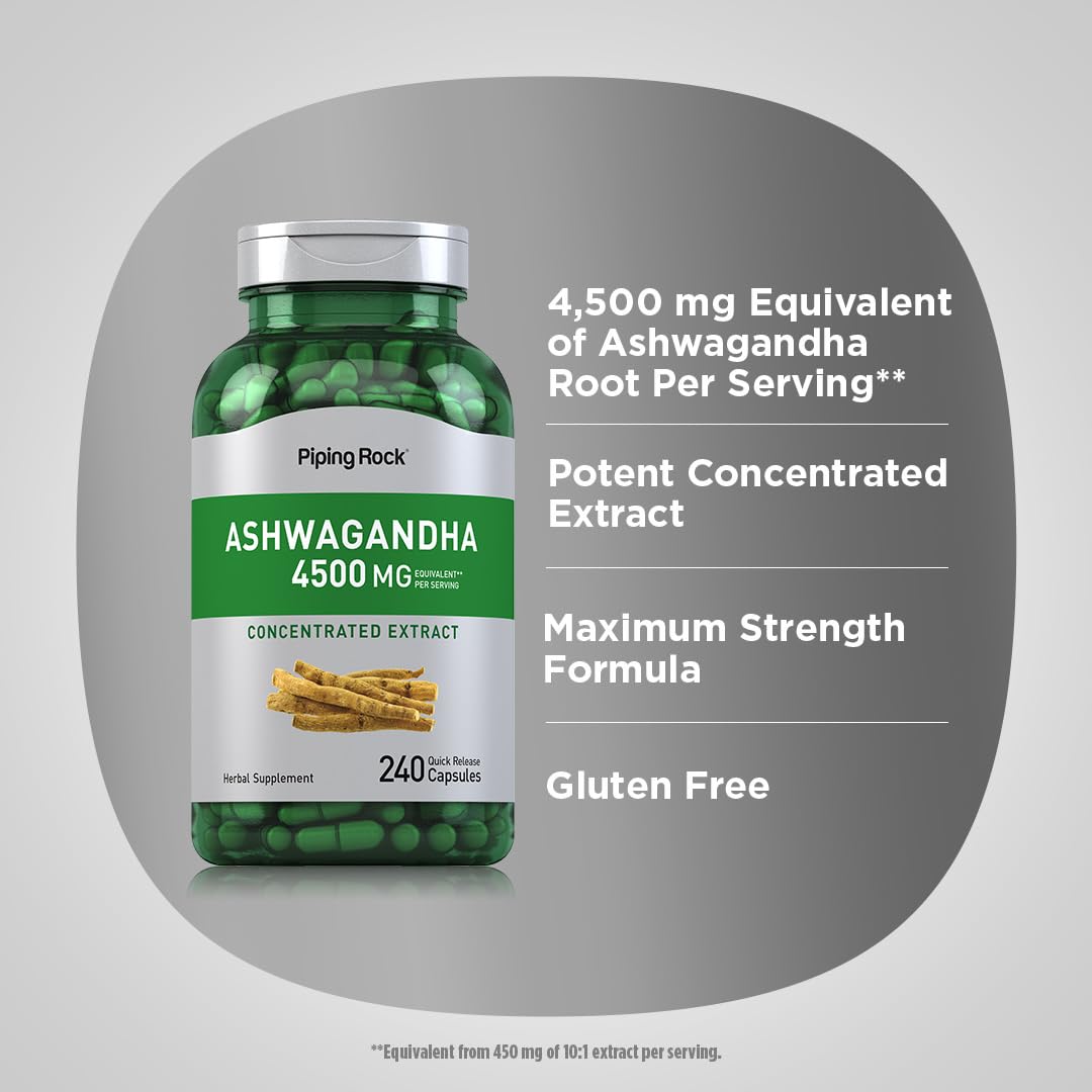 Piping Rock Ashwagandha 4500mg | 240 Capsules | Black Pepper | Non-GMO & Gluten Free