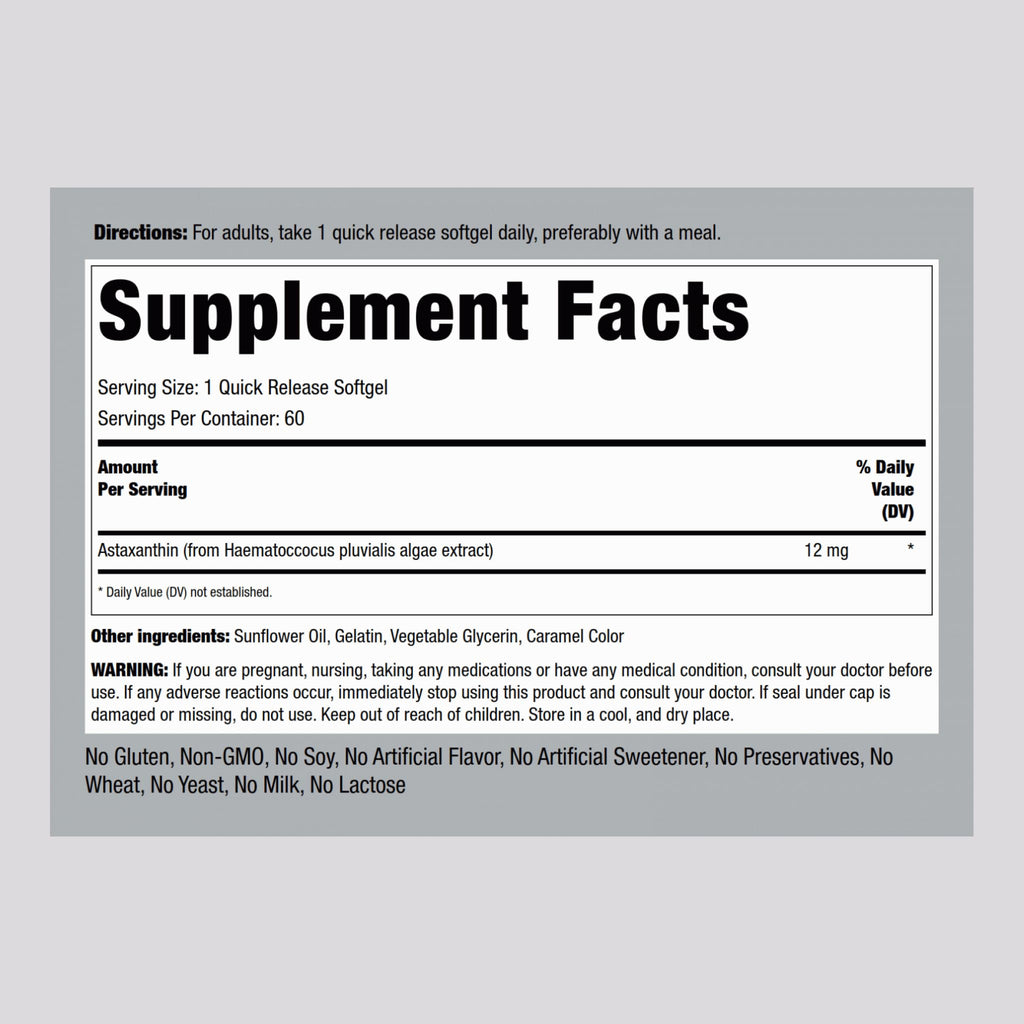 Piping Rock Astaxanthin 12mg | 60 Softgel Capsules | Extract Supplement | Gluten Free, Non-GMO