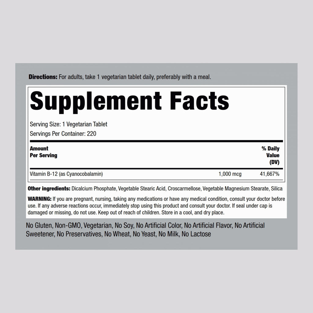 Piping Rock Vitamin B12 1000 mcg – 220 Tablets | Cyanocobalamin | Vegetarian, Non-GMO, Gluten Free | Pack of 2