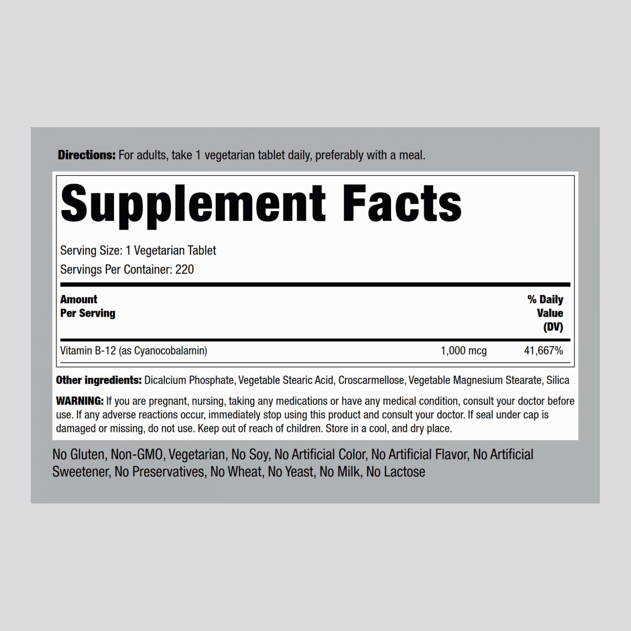 Piping Rock Vitamin B12 1000 mcg – 220 Tablets | Cyanocobalamin | Vegetarian, Non-GMO, Gluten Free | Pack of 2