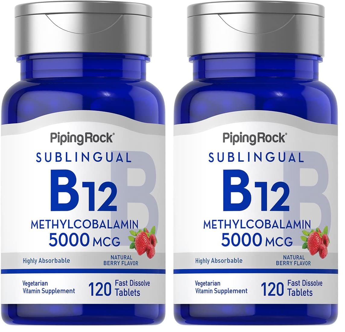 Piping Rock B12 Vitamin 5000 mcg – 120 Sublingual Tablets (Berry Flavor) | Vegetarian, Non-GMO