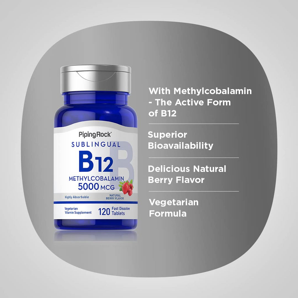 Piping Rock B12 Vitamin 5000 mcg – 120 Sublingual Tablets (Berry Flavor) | Vegetarian, Non-GMO