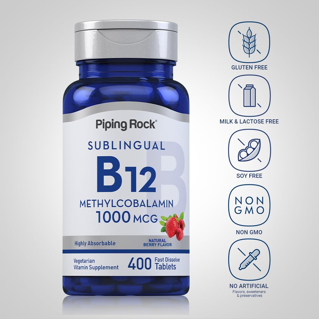 Piping Rock Vitamin B12 Sublingual Tablets 1000 mcg – Berry, 400 Pills (Pack of 2)