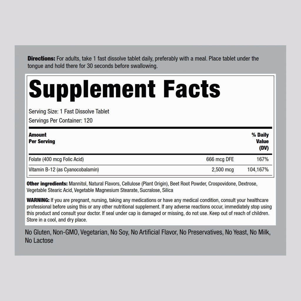 Piping Rock Vitamin B12 Sublingual 2500 mcg – 120 Tablets with Folic Acid, Berry Flavor | Vegetarian, Non-GMO, Gluten Free | Pack of 2