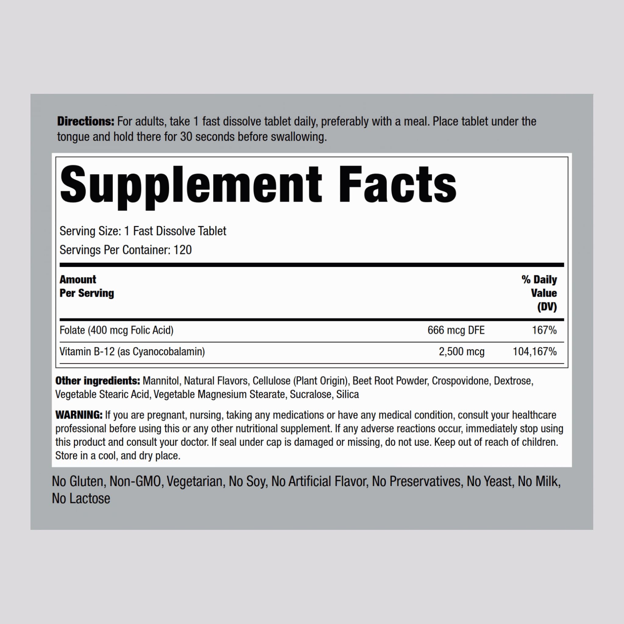Piping Rock Vitamin B12 Sublingual 2500 mcg – 120 Tablets with Folic Acid, Berry Flavor | Vegetarian, Non-GMO, Gluten Free | Pack of 2
