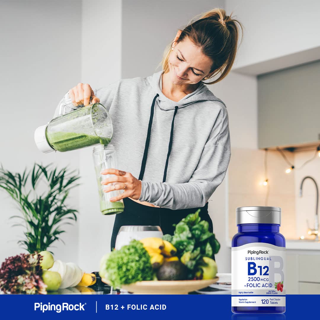 Piping Rock Vitamin B12 Sublingual 2500 mcg – 120 Tablets with Folic Acid, Berry Flavor | Vegetarian, Non-GMO, Gluten Free | Pack of 2