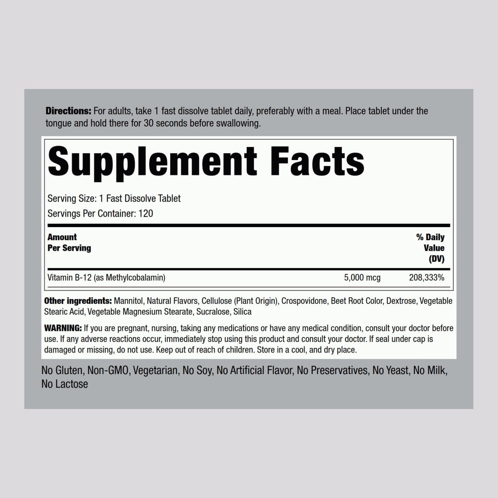 Piping Rock B12 Vitamin 5000 mcg – 120 Sublingual Tablets (Berry Flavor) | Vegetarian, Non-GMO