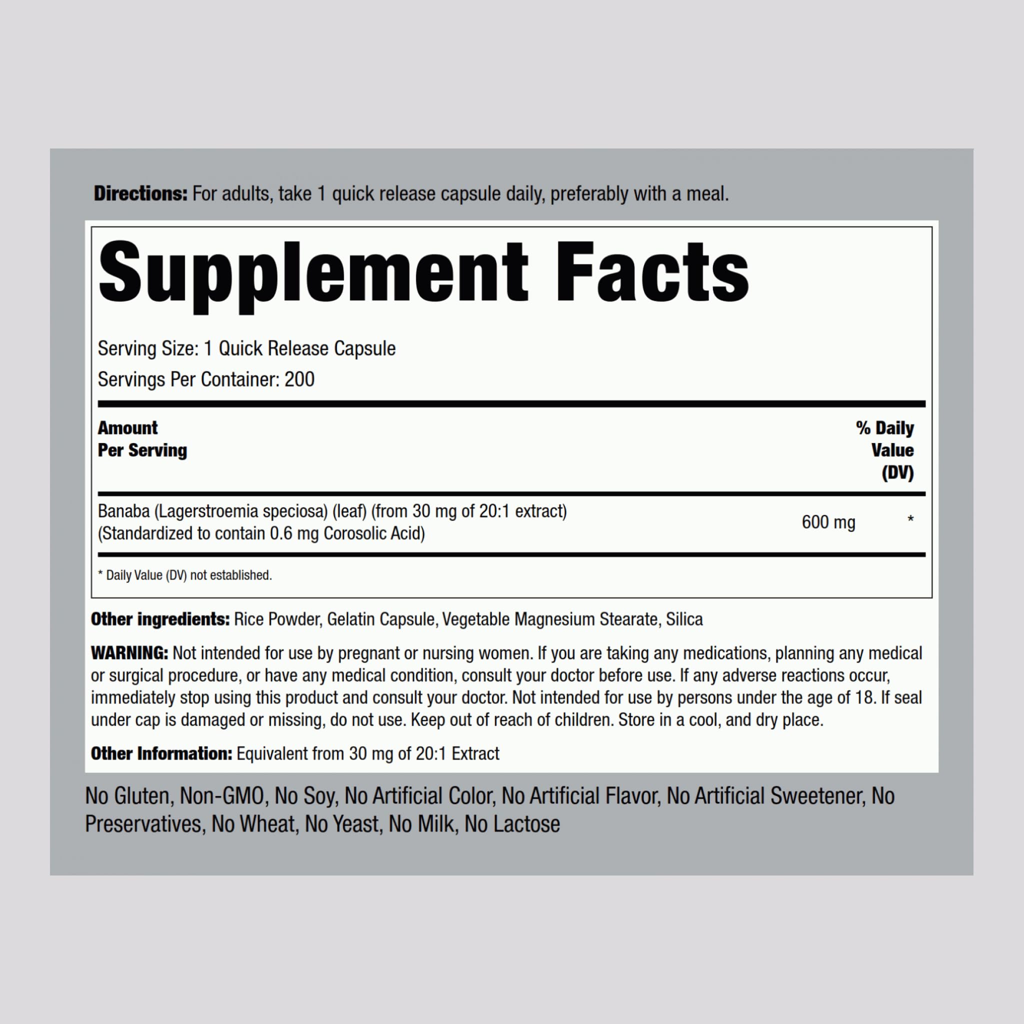 Piping Rock Banaba Leaf Extract Capsules 600mg - 200 Count | Corosolic Acid