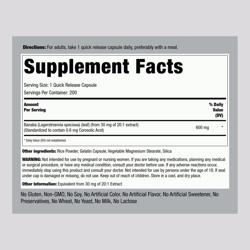 Piping Rock Banaba Leaf Extract Capsules – 600 mg, 200 Count | Corosolic Acid Standardized | Non-GMO & Gluten Free (Pack of 2)