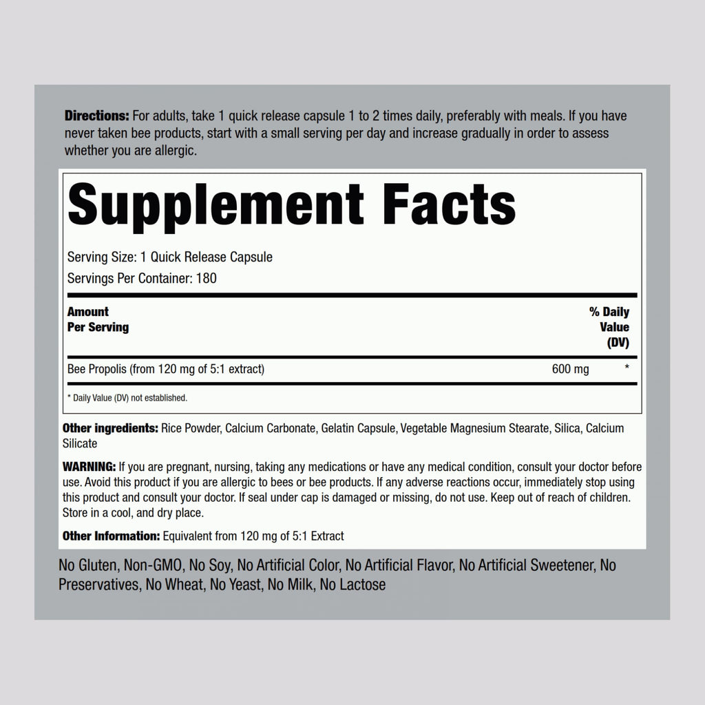 Piping Rock Bee Propolis Capsules | 600mg | 180 Pills | Extract Supplement | Non-GMO, Gluten Free