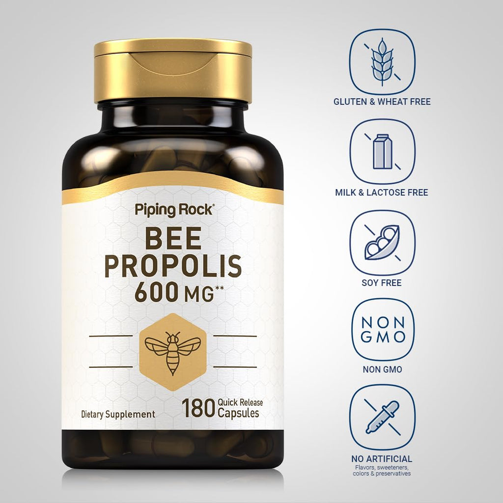 Piping Rock Bee Propolis Capsules 600mg | 180 Pills | Pack of 2 | Non-GMO