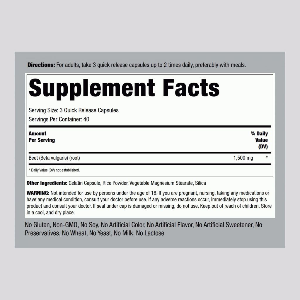 Piping Rock Beet Root Capsules 1500 mg – 120 ct | Non-GMO, Gluten Free