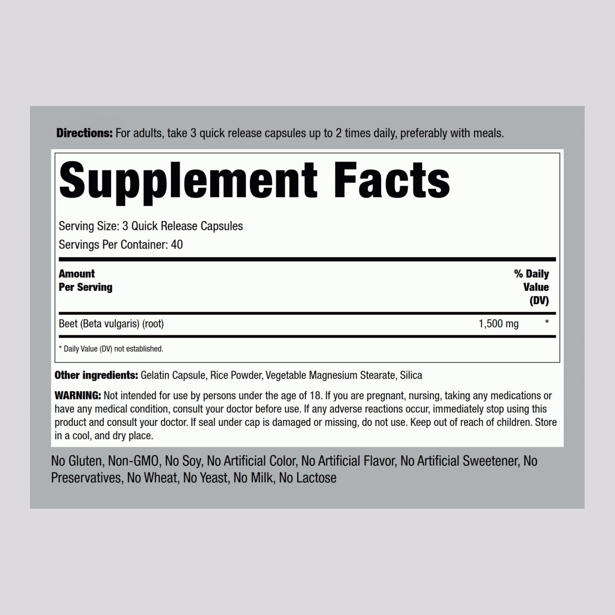 Piping Rock Beet Root Capsules 1500 mg – 120 ct | Non-GMO, Gluten Free