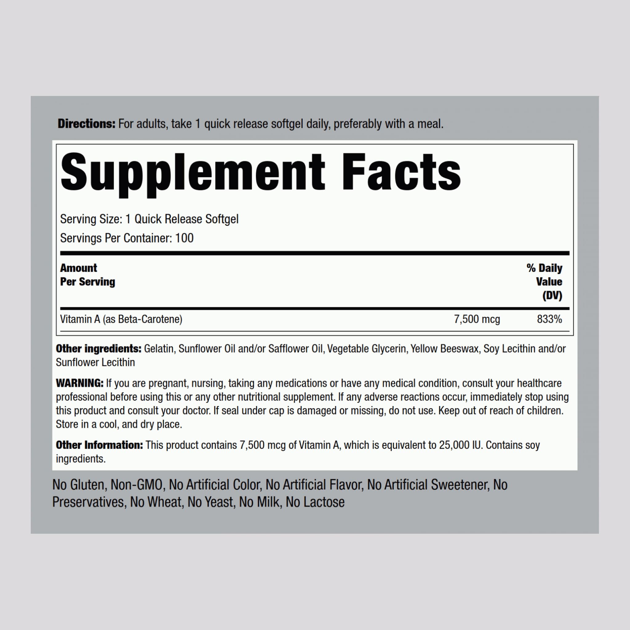 Piping Rock Beta Carotene 25,000 IU Softgels – 100 Count | Non-GMO, Gluten Free