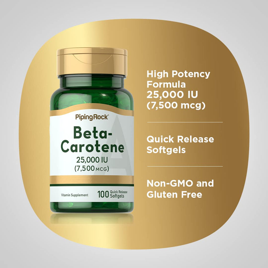 Piping Rock Beta Carotene Softgels 25,000 IU - Pack of 2 | Vitamin A, Non-GMO, Gluten Free