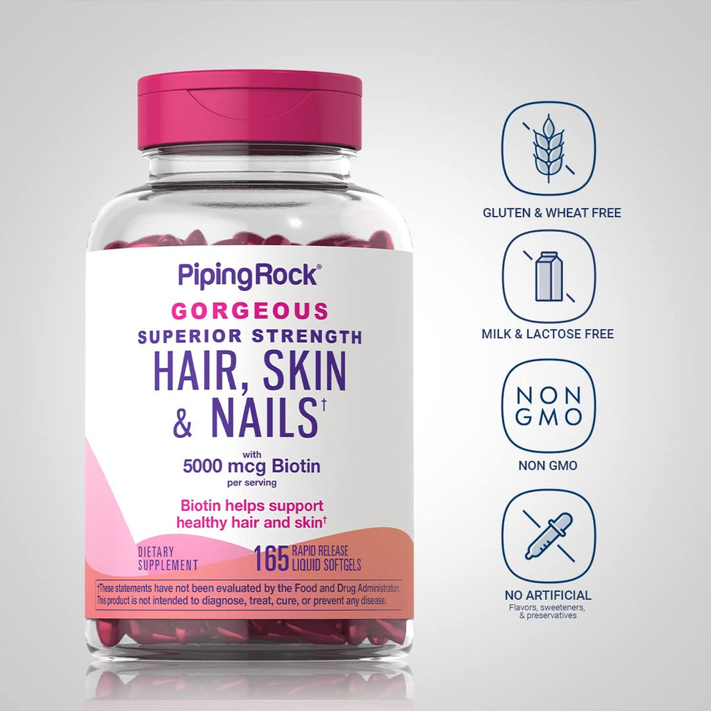 Piping Rock Hair Skin Nails Vitamins – 165 Softgels, 5000 mcg Biotin, Argan & Coconut Oil, Non-GMO (Pack of 2)