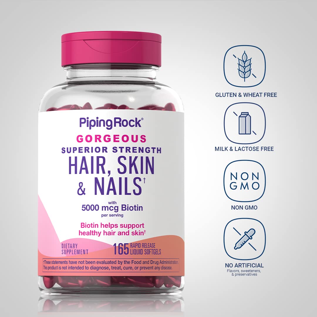 Piping Rock Hair Skin Nails Vitamins – 165 Softgels, 5000 mcg Biotin, Argan & Coconut Oil, Non-GMO (Pack of 2)