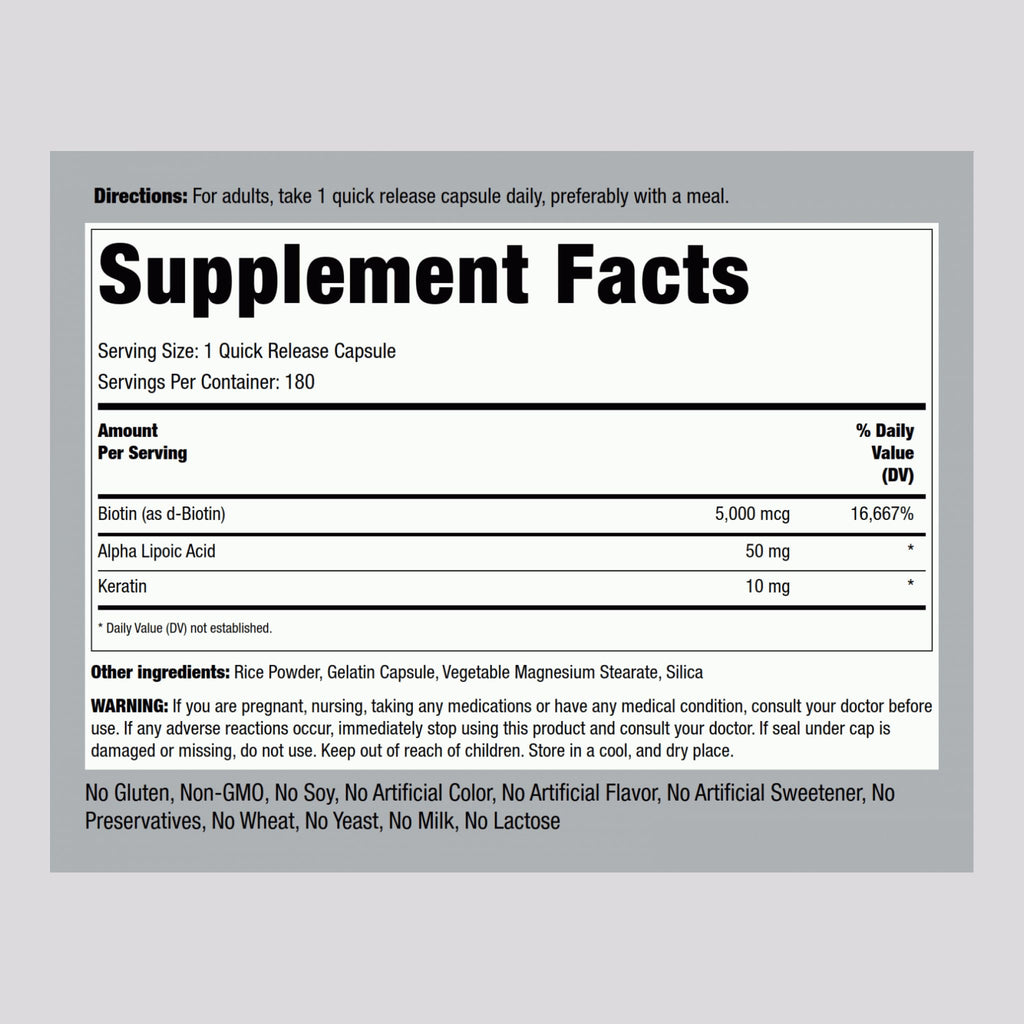 Piping Rock Biotin 5000mcg Supplement – 180 Capsules – Keratin & Alpha Lipoic Acid – Non-GMO, Gluten Free (Pack of 2)