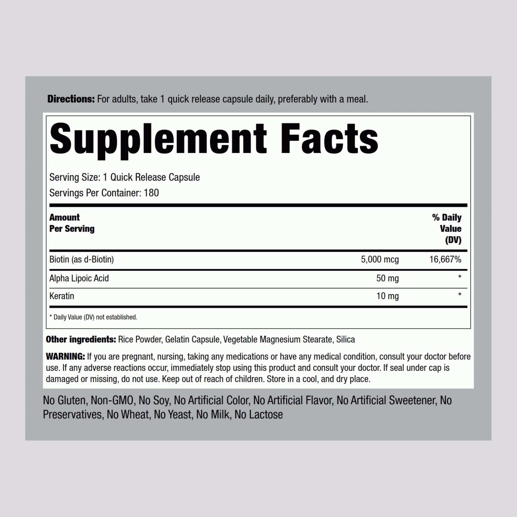 Piping Rock Biotin 5000mcg Supplement – 180 Capsules – Keratin & Alpha Lipoic Acid – Non-GMO, Gluten Free (Pack of 2)