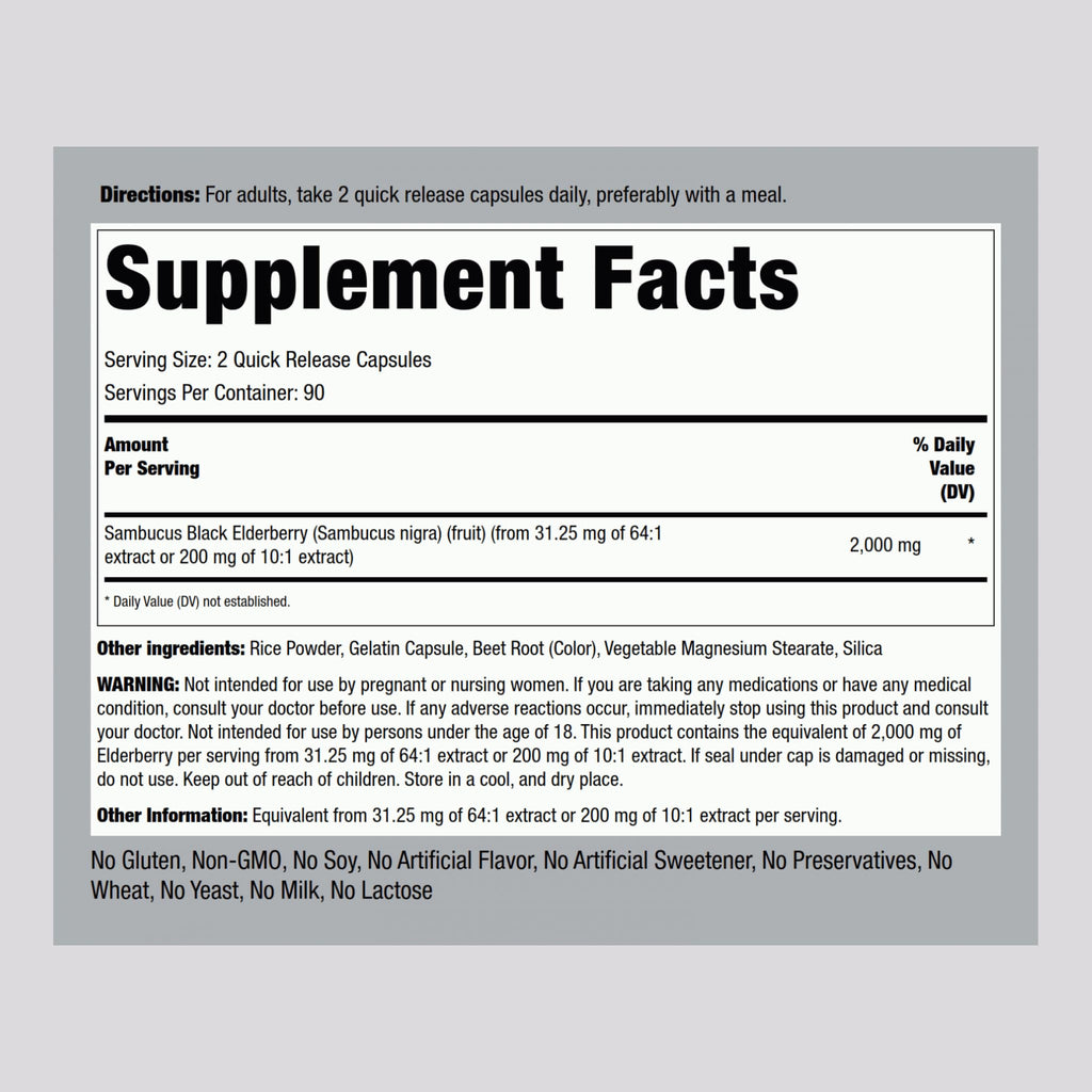 Piping Rock Black Elderberry 2000mg Capsules (180 Count) | Sambucus Nigra | Non-GMO & Gluten Free