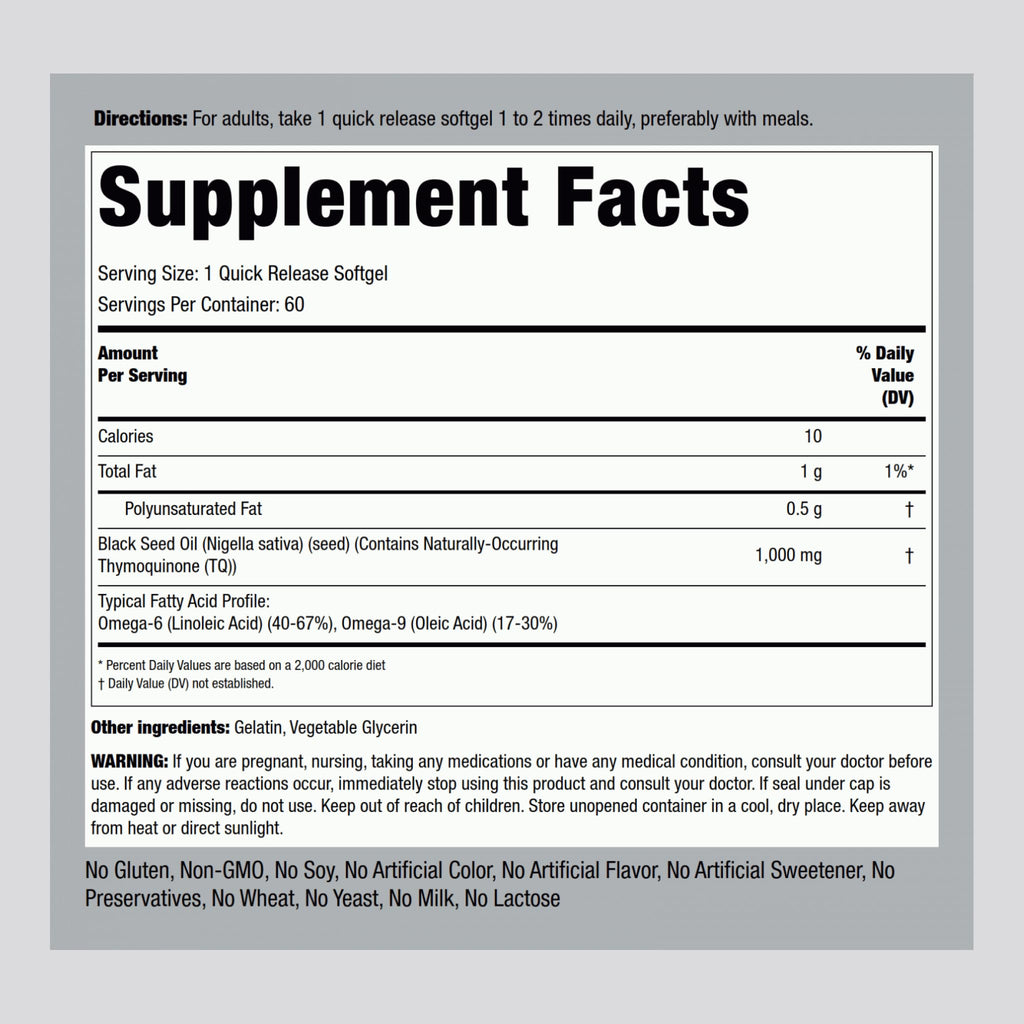 Piping Rock Black Seed Oil Softgel Capsules 1000mg | 60 Ct | Gluten Free & Non-GMO
