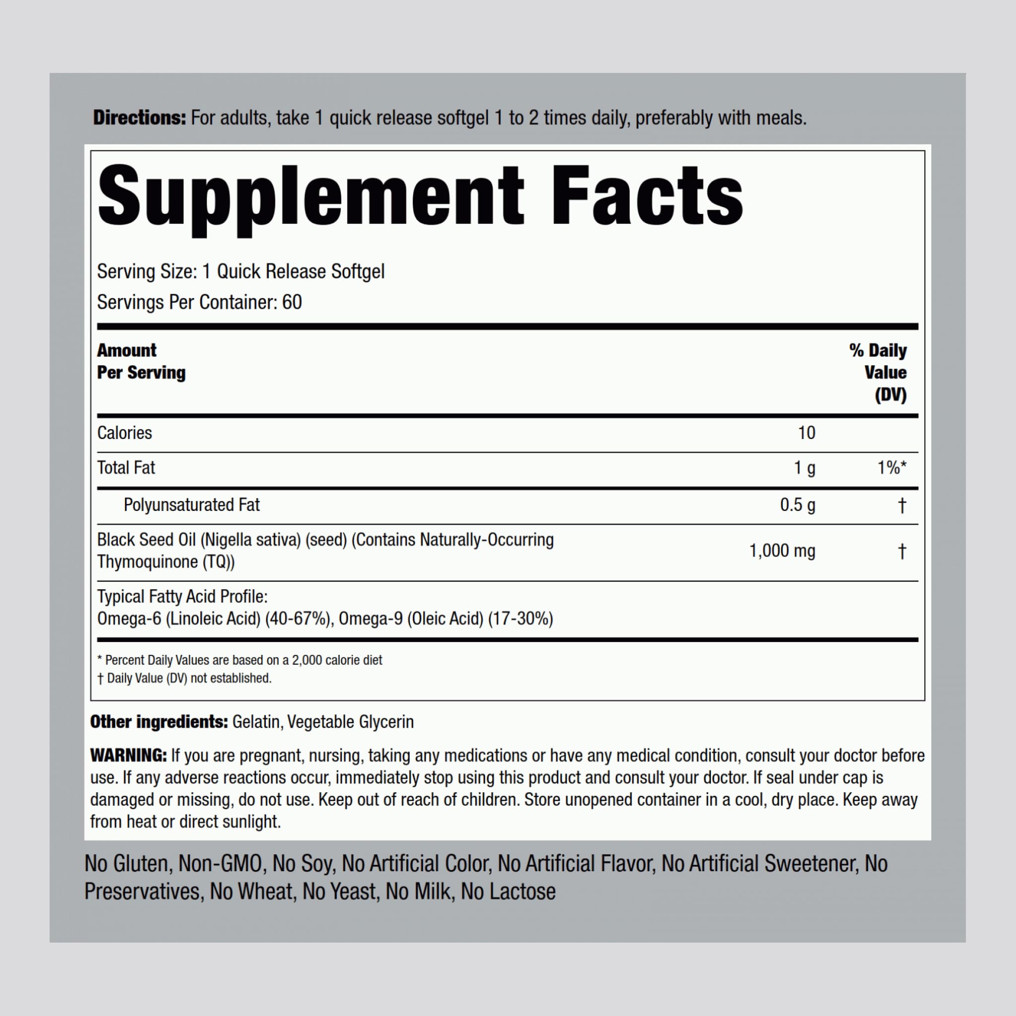 Piping Rock Black Seed Oil Softgel Capsules 1000mg | 60 Ct | Gluten Free & Non-GMO