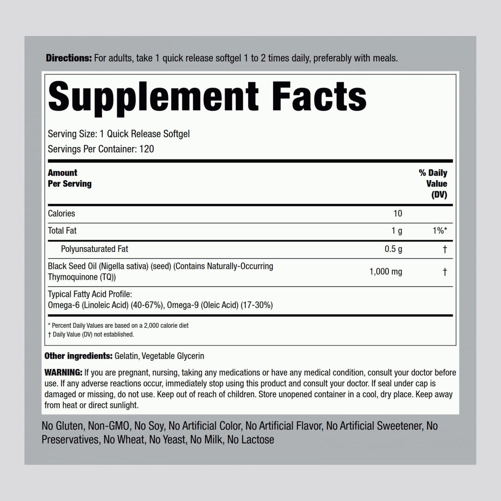 Piping Rock Black Seed Oil Softgel Capsules | 1000mg | 120 Pills | Cold Pressed Supplement | Nigella Sativa | Solvent Free, Non-GMO, Gluten Free