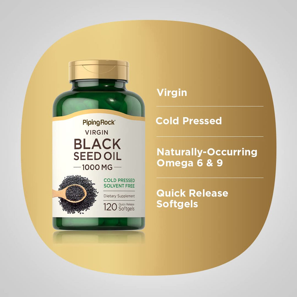 Piping Rock Black Seed Oil Softgel Capsules | 1000mg | 120 Pills | Cold Pressed Supplement | Nigella Sativa | Solvent Free, Non-GMO, Gluten Free