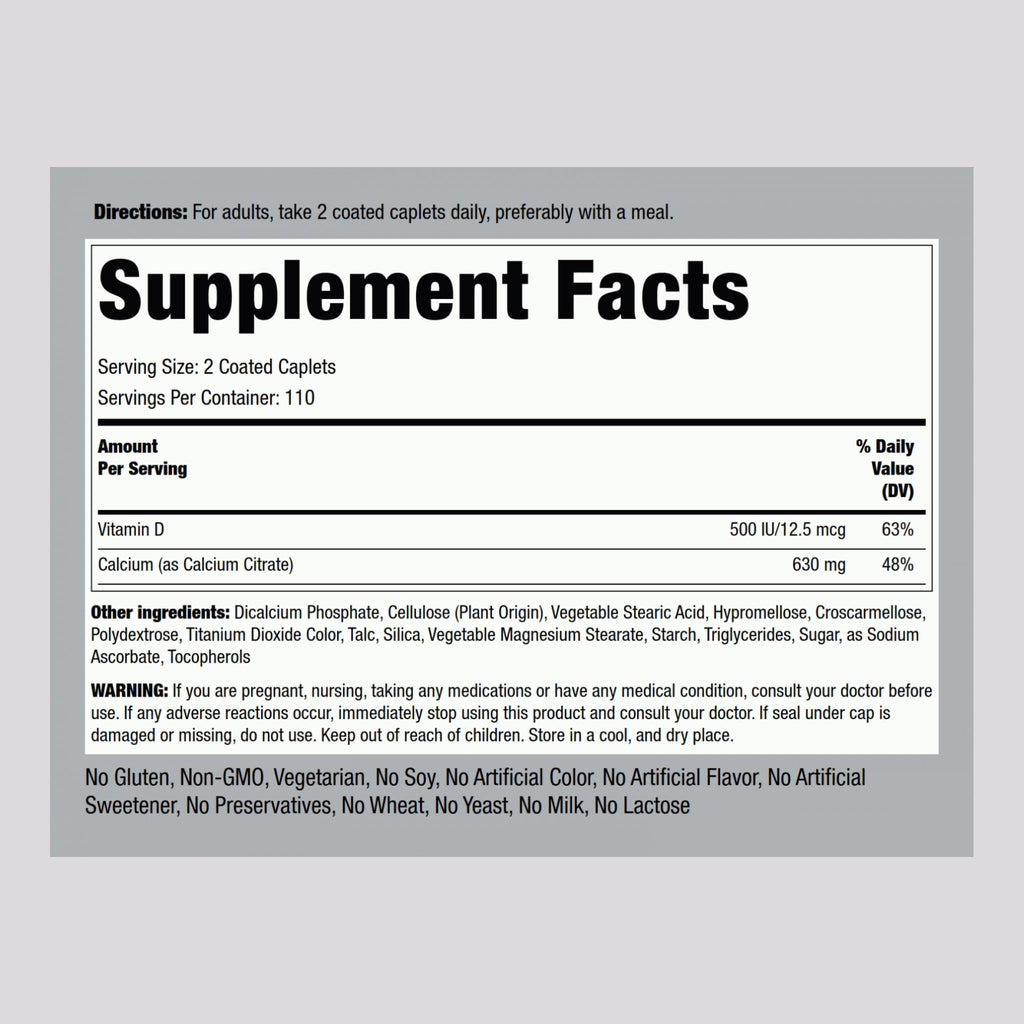Piping Rock Calcium Citrate with Vitamin D3 - 630 mg, 220 Caplets (Pack of 2) | Vegetarian, Non-GMO, Gluten Free