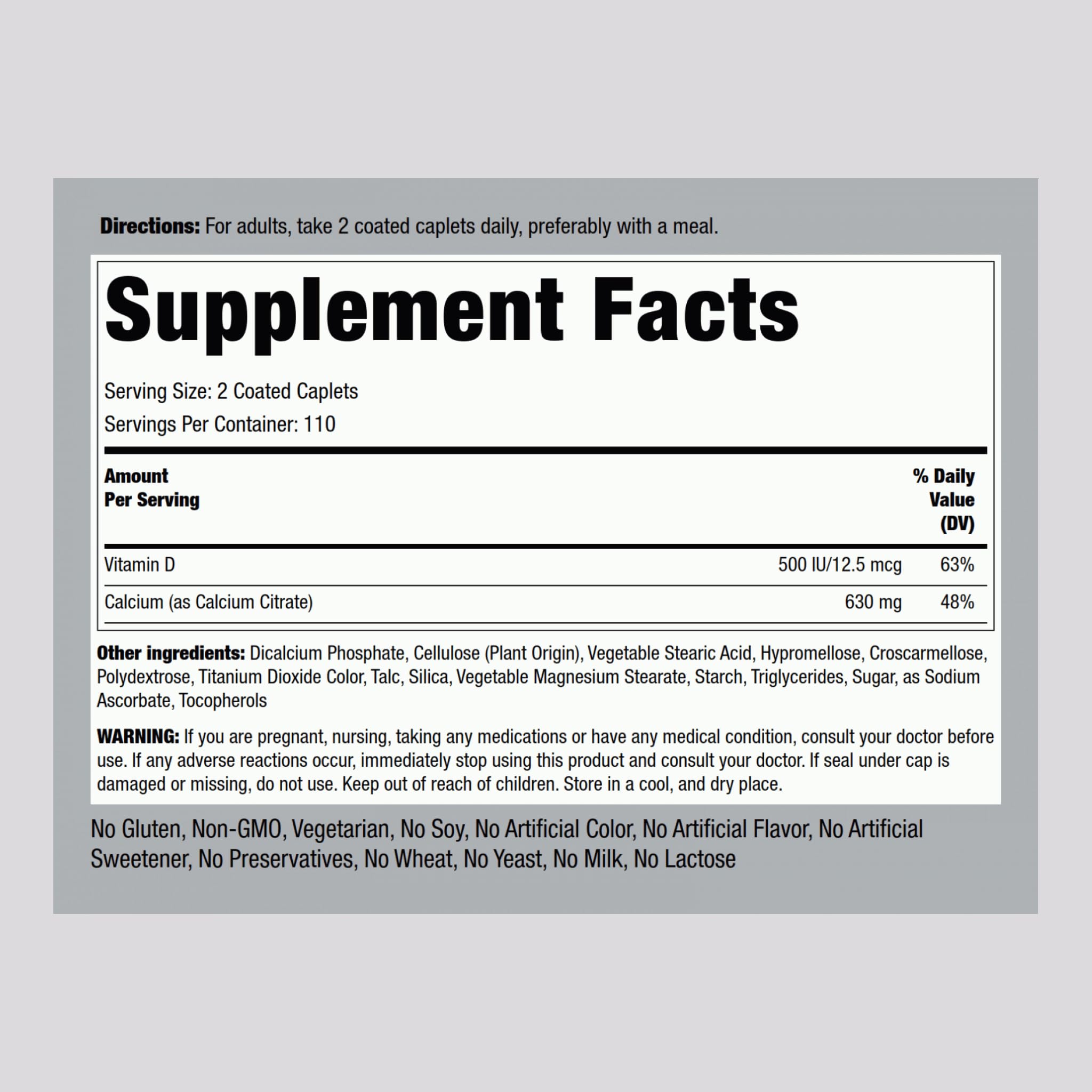Piping Rock Calcium Citrate with Vitamin D3 - 630 mg, 220 Caplets (Pack of 2) | Vegetarian, Non-GMO, Gluten Free