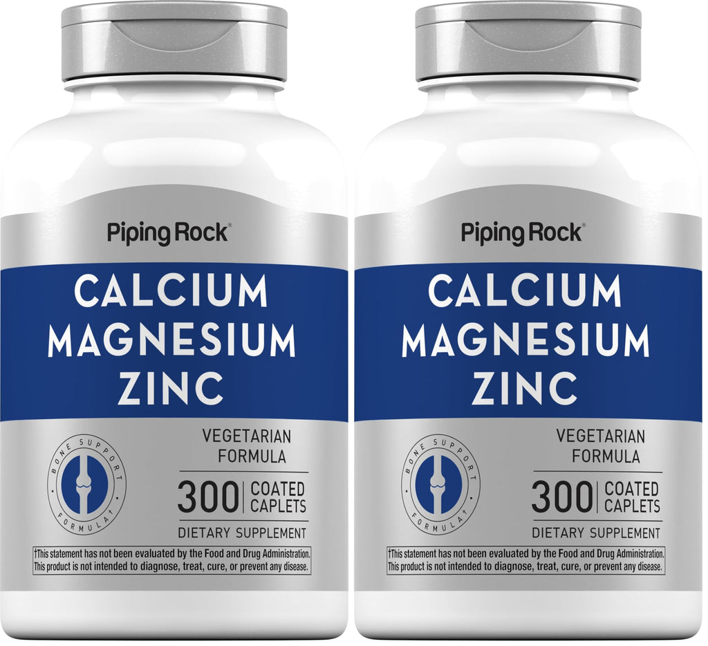 Piping Rock Calcium Magnesium Zinc Supplement – 300 Coated Caplets | Pack of 2 | Non-GMO, Gluten Free