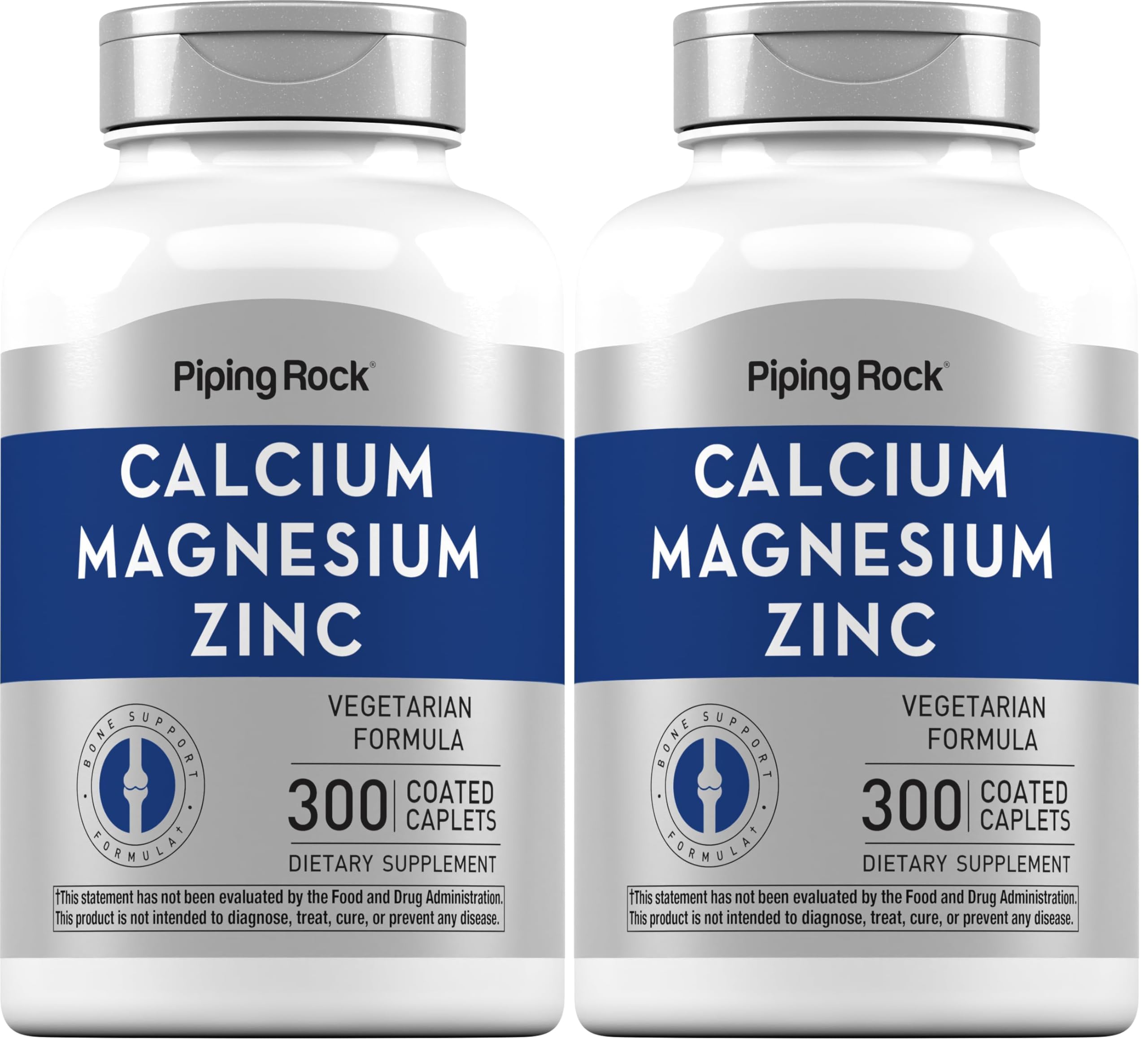 Piping Rock Calcium Magnesium Zinc Supplement – 300 Coated Caplets | Pack of 2 | Non-GMO, Gluten Free