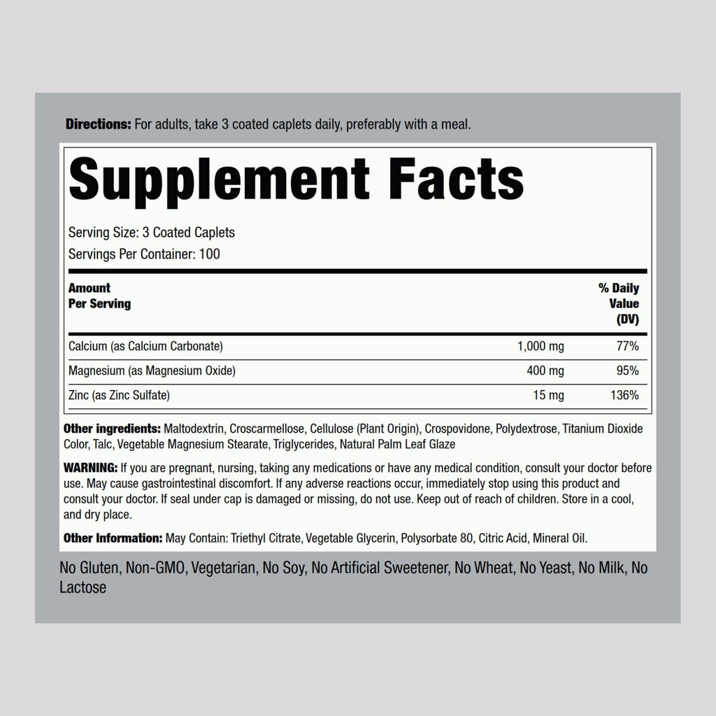 Piping Rock Calcium Magnesium Zinc Supplement – 300 Coated Caplets | Pack of 2 | Non-GMO, Gluten Free