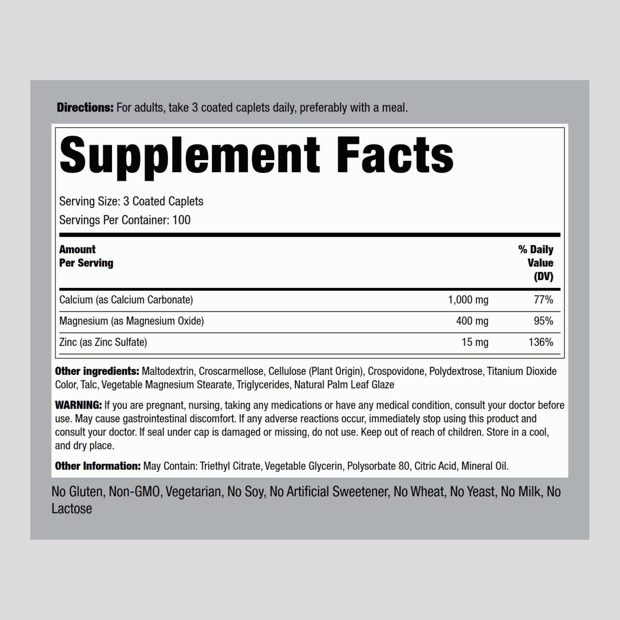 Piping Rock Calcium Magnesium Zinc Supplement – 300 Coated Caplets | Pack of 2 | Non-GMO, Gluten Free