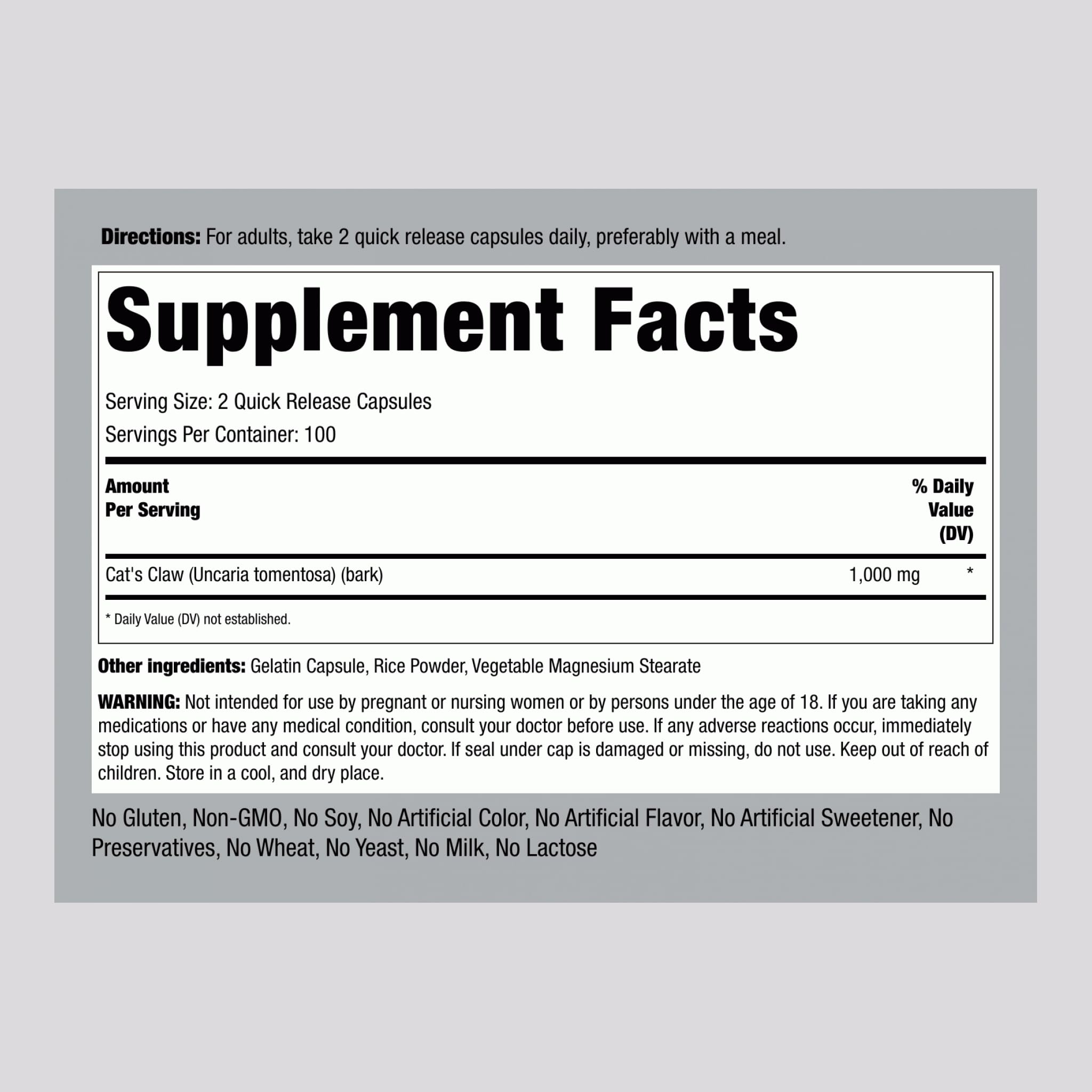 Piping Rock Cat's Claw Capsules 1000mg | 200 Count | UNA De Gato | Herbal Supplement | Non-GMO, Gluten Free