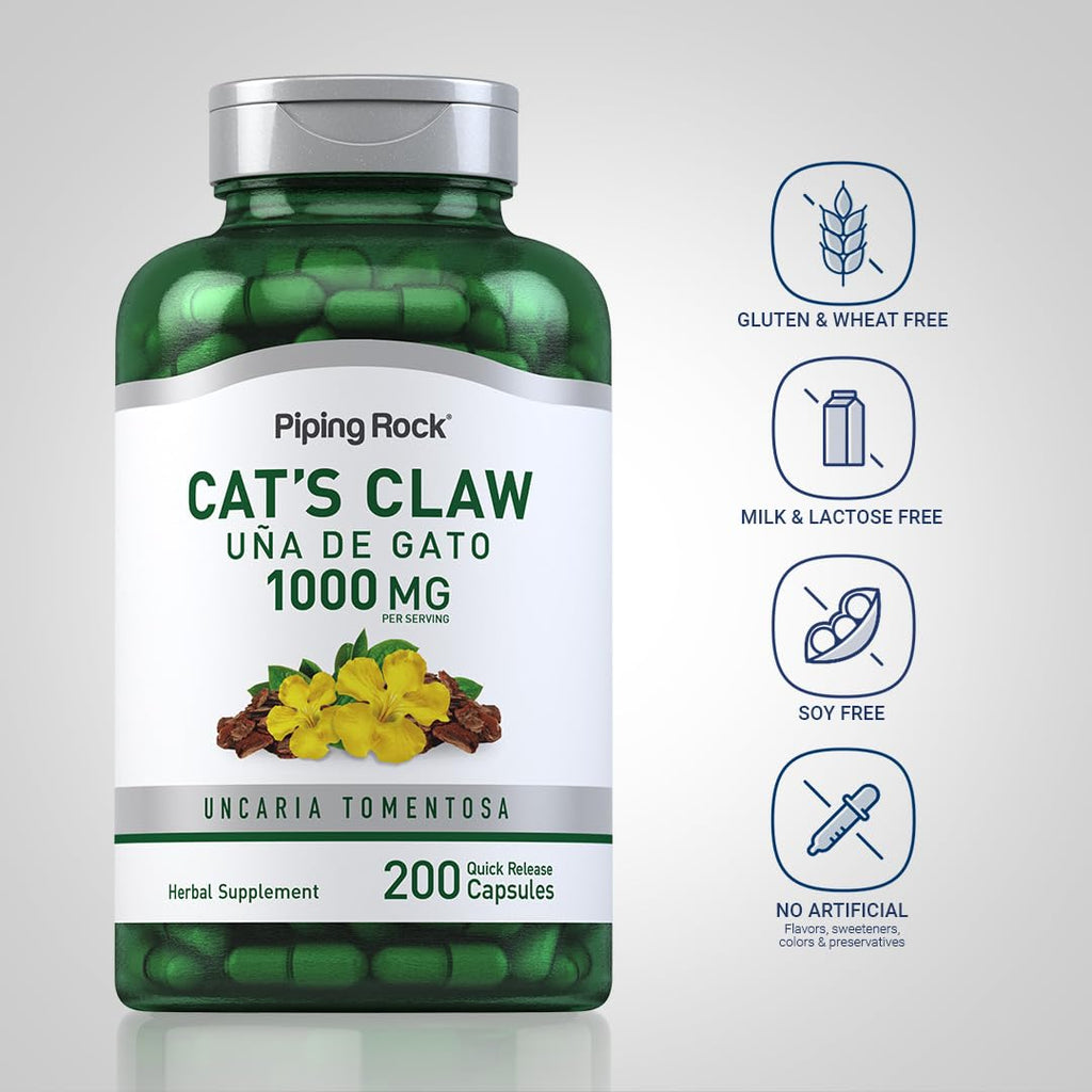 Cat's Claw 1000mg Herbal Supplement | 200 Capsules | Pack of 2 | Piping Rock