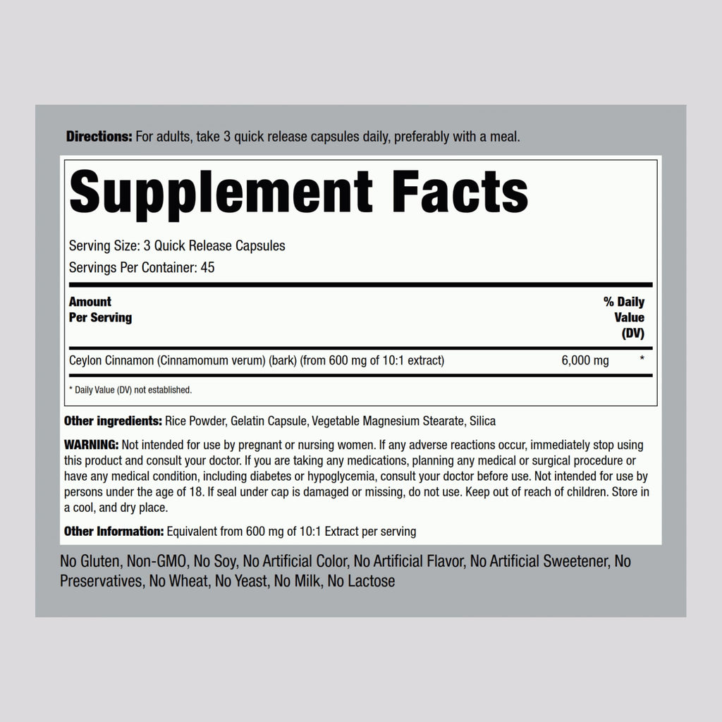 Piping Rock Ceylon Cinnamon 6000 mg - 135 Capsules | Concentrated Herbal Extract | Non-GMO, Gluten Free