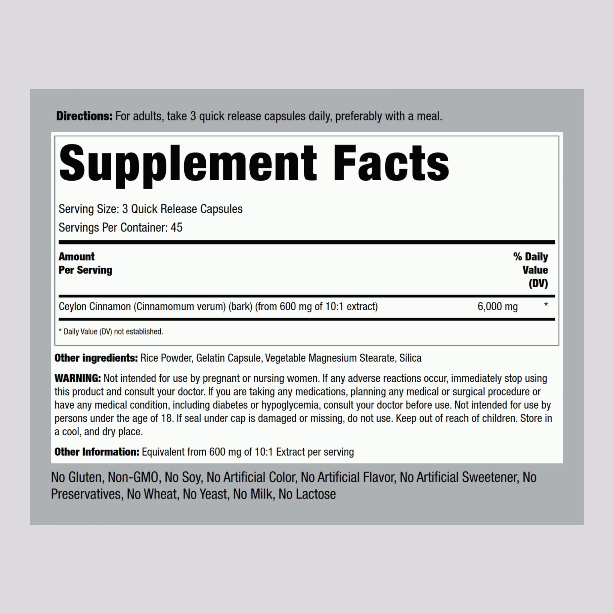 Piping Rock Ceylon Cinnamon 6000 mg - 135 Capsules | Concentrated Herbal Extract | Non-GMO, Gluten Free