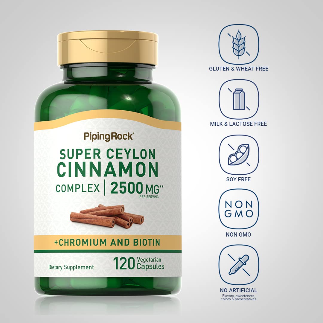 Piping Rock Ceylon Cinnamon Capsules 2500 mg – 120 Pills | Chromium & Biotin | Vegetarian, Non-GMO, Gluten Free (Pack of 2)
