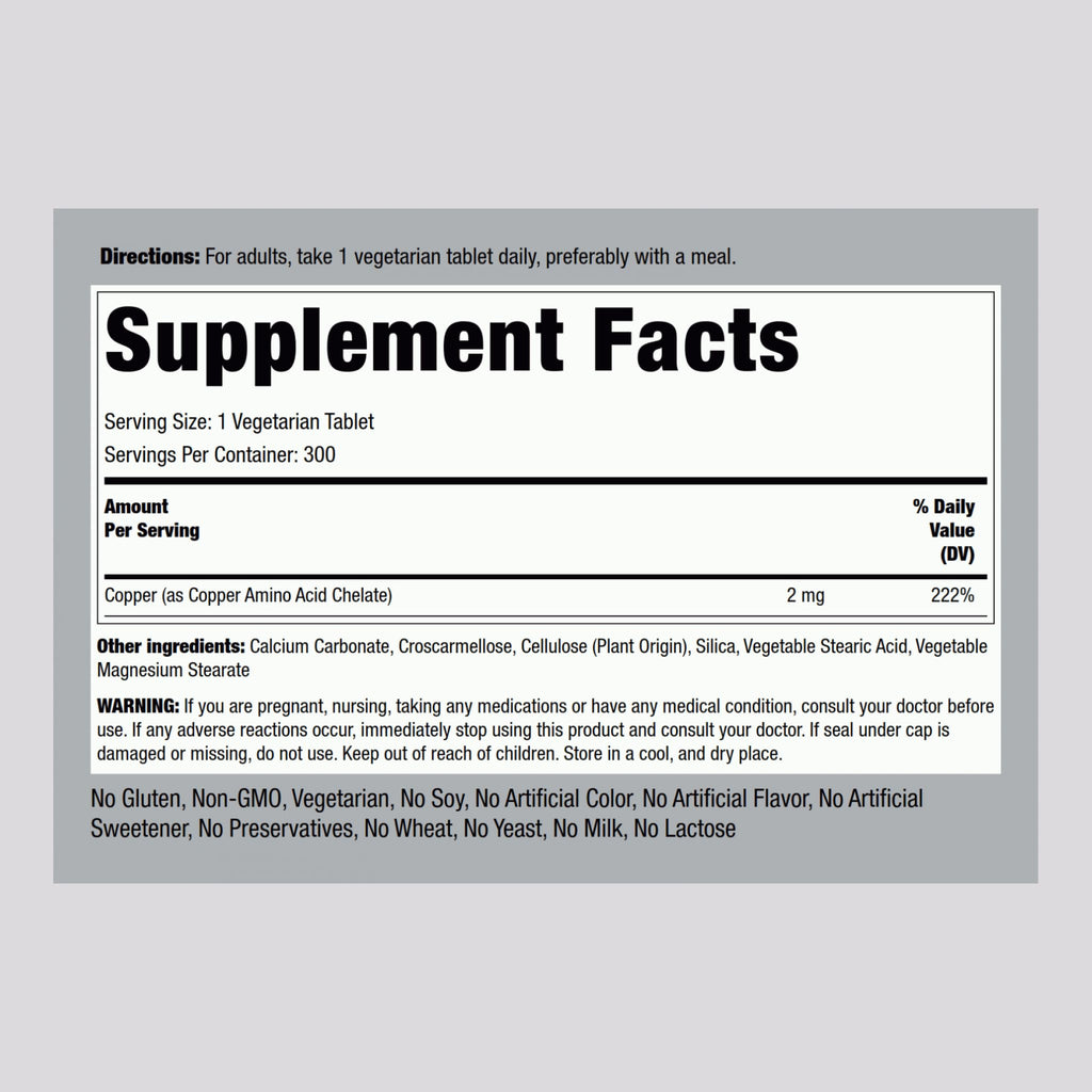 Piping Rock Chelated Copper 2 mg - 300 Tablets - Vegetarian, Non-GMO, Gluten Free (Pack of 2)