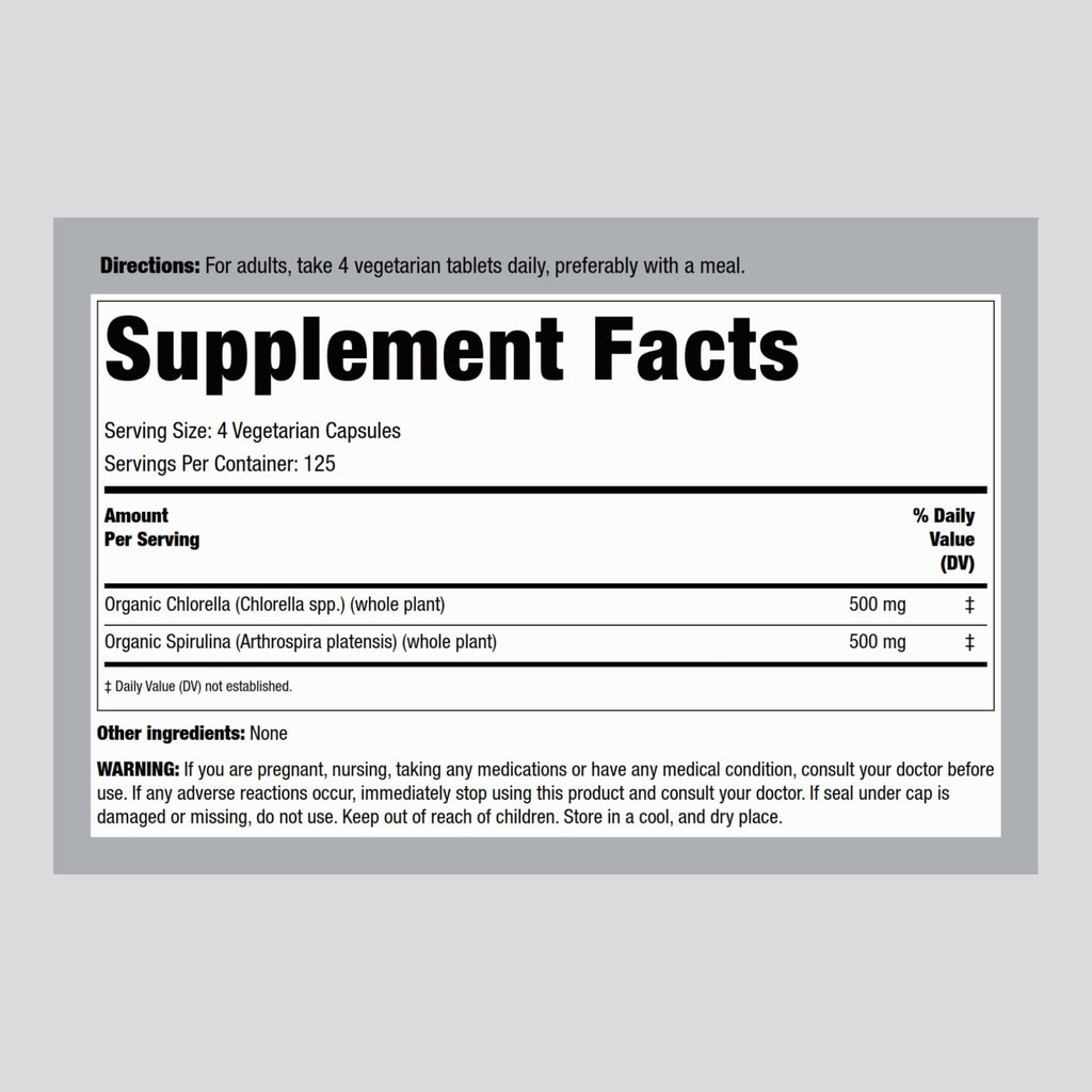 Piping Rock Chlorella Spirulina Organic – 500 Tablets (Pack of 2) | Vegetarian, Non-GMO, Gluten Free