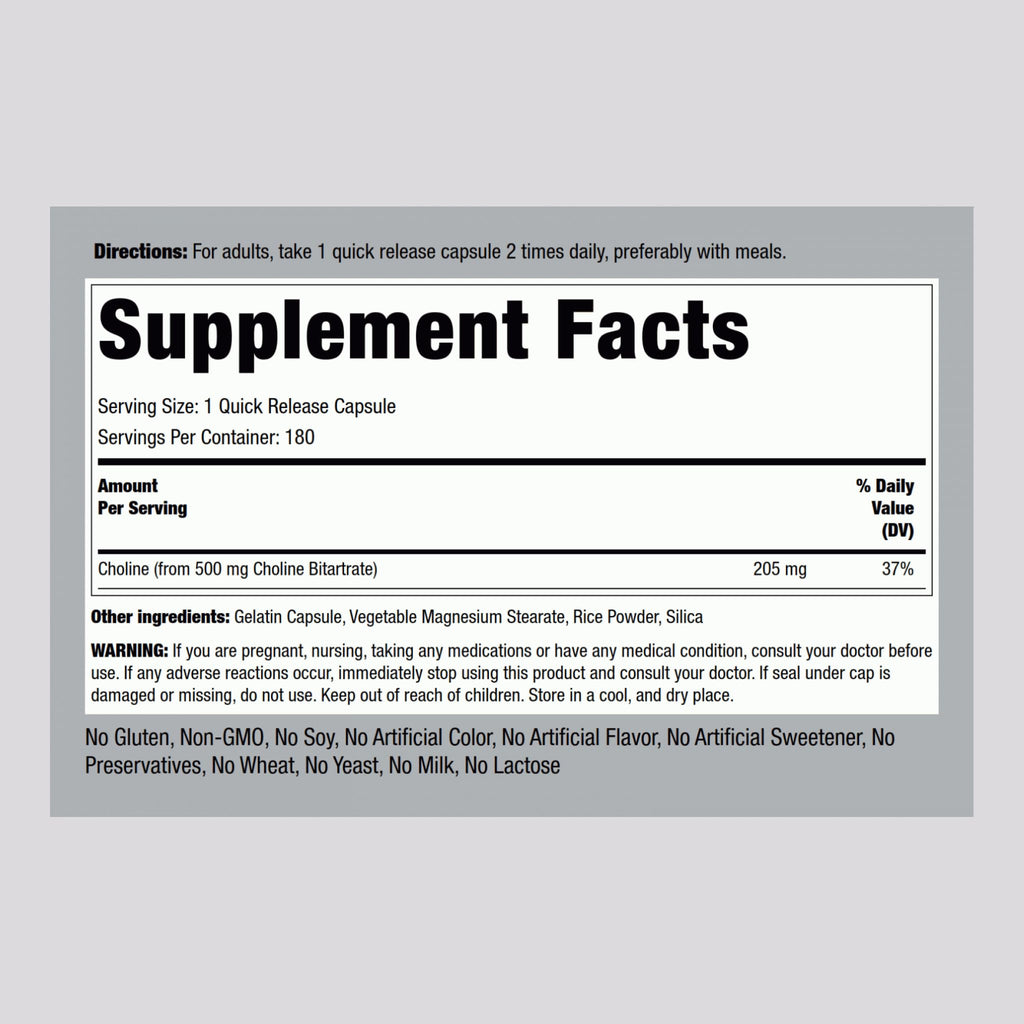 Piping Rock Choline Bitartrate 500mg – 180 Caps – Pack of 2 – Non-GMO, Gluten Free