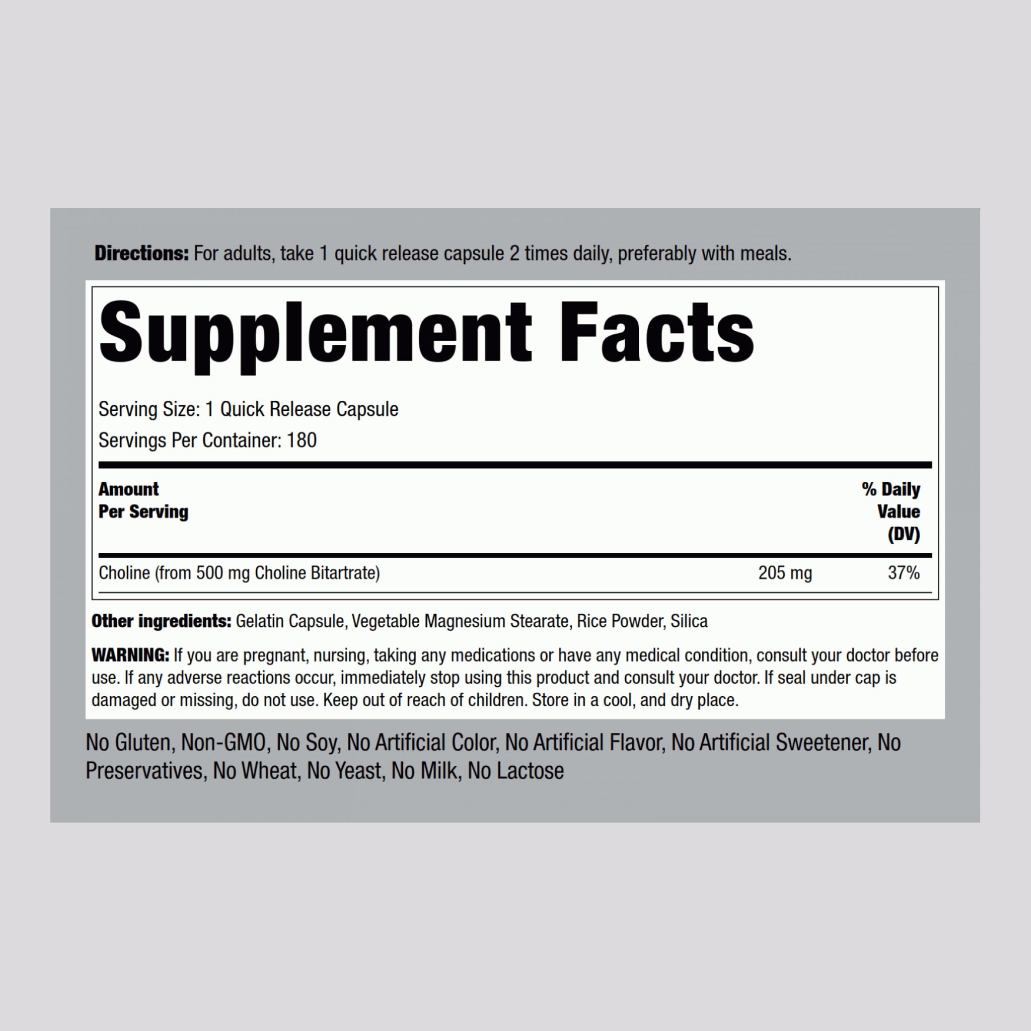 Piping Rock Choline Bitartrate 500mg – 180 Caps – Pack of 2 – Non-GMO, Gluten Free