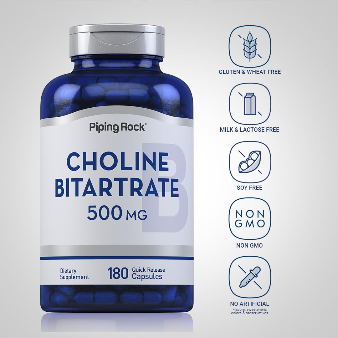 Piping Rock Choline Bitartrate 500mg – 180 Caps – Pack of 2 – Non-GMO, Gluten Free