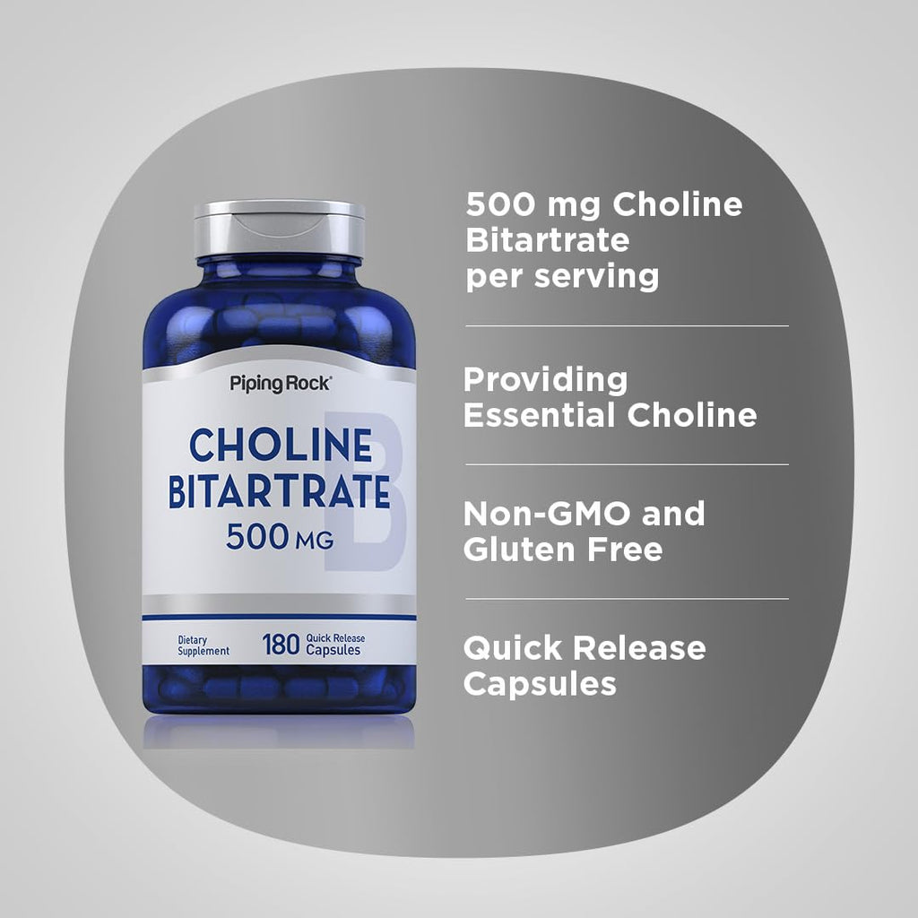 Piping Rock Choline Bitartrate 500mg – 180 Caps – Pack of 2 – Non-GMO, Gluten Free