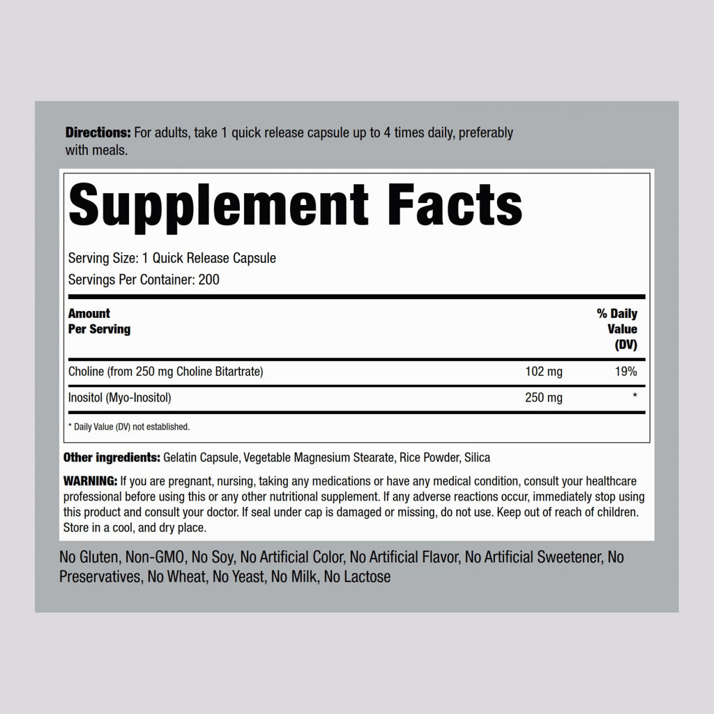 Piping Rock Choline Bitartrate & Myo-Inositol – 500mg, 200 Capsules | Non-GMO, Gluten Free