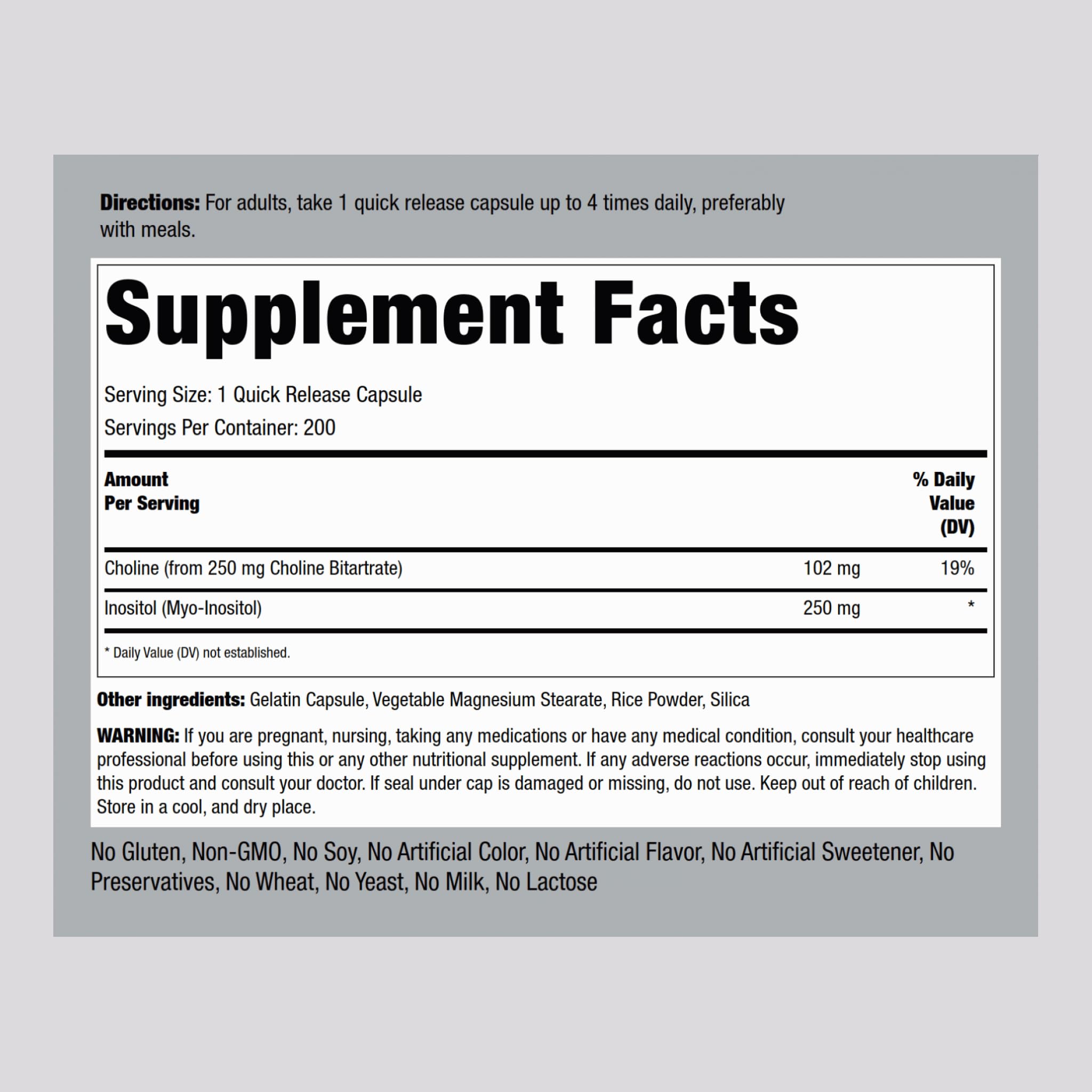 Piping Rock Choline Bitartrate & Myo-Inositol – 500mg, 200 Capsules | Non-GMO, Gluten Free