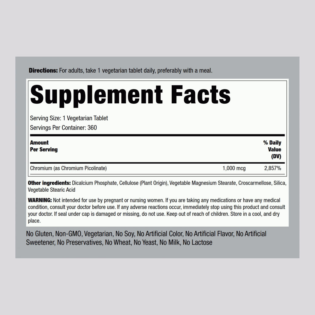 Piping Rock Chromium Picolinate 1000mcg – 360 Tablets | Vegetarian, Non-GMO, Gluten Free