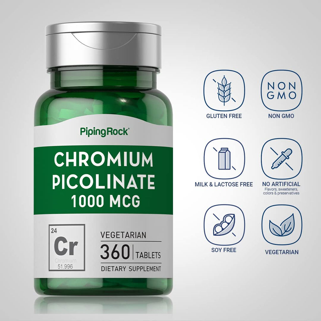 Piping Rock Chromium Picolinate 1000mcg - 360 Tablets | Vegetarian, Non-GMO, Gluten Free | Pack of 2