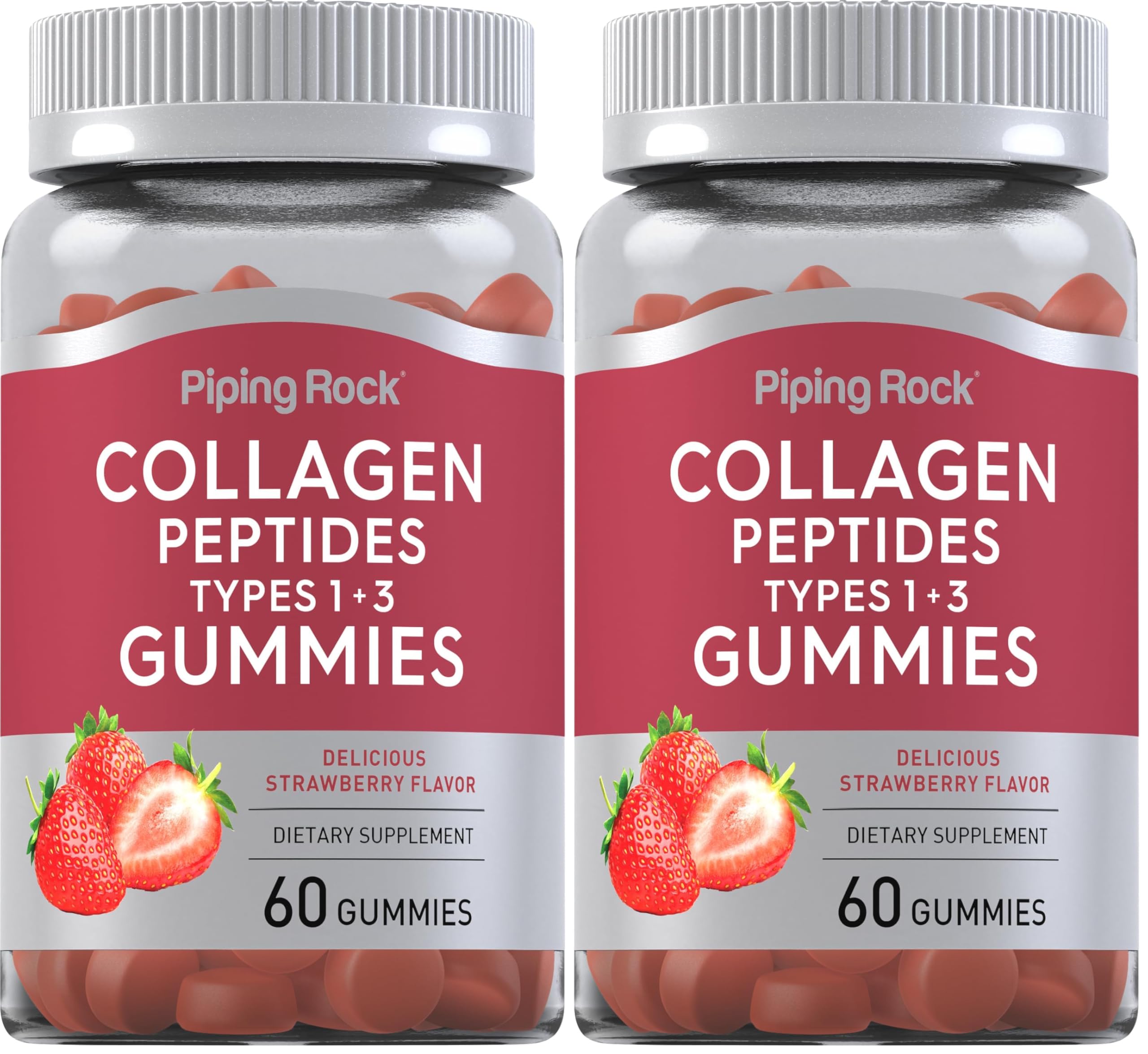 Piping Rock Collagen Gummies – 60 Count, Type I & III, Strawberry, Non-GMO, Gluten Free (Pack of 2)